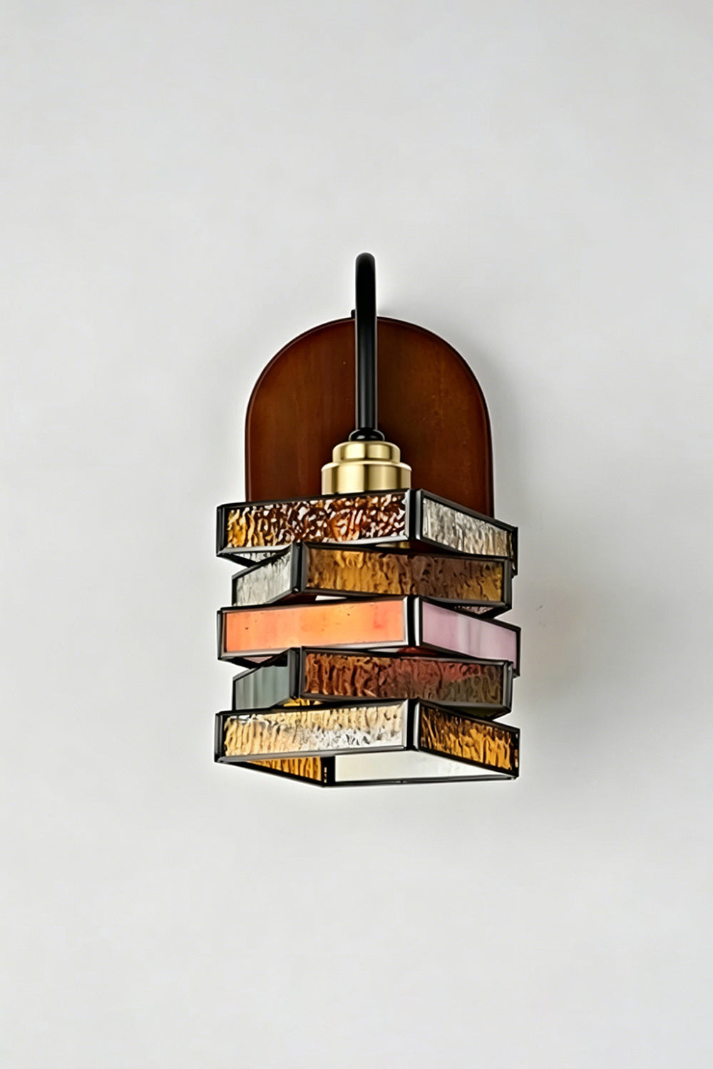 Artisan Mosaic Stained Glass Wall Sconce with intricate geometric design and a polished dark iron arm.