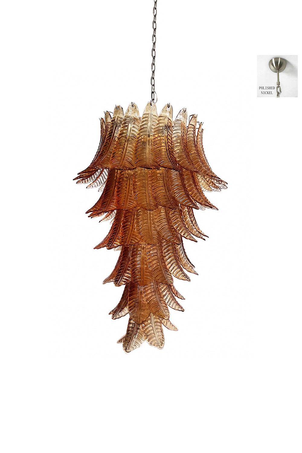 Aurelia Helix Amber Glass Cascade Chandelier with amber glass plumes in a spiral design, ideal for high ceilings.