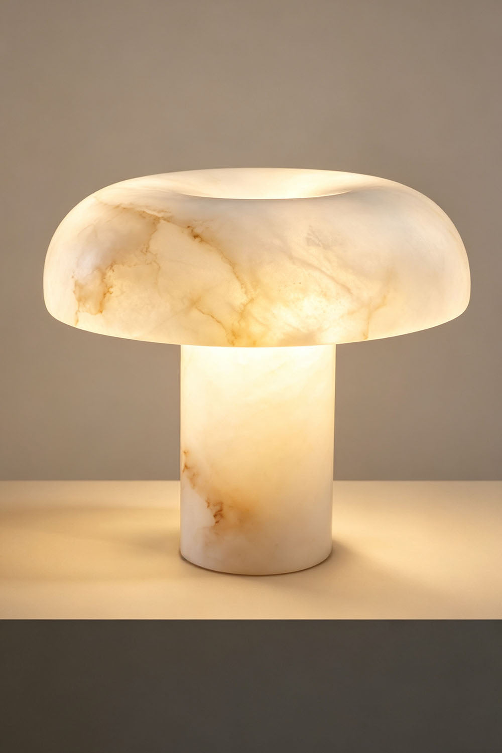Rosalind Alabaster Dome Table Lamp | Natural Alabaster and Brass | Studio product view glowing brightly against a plain background | vexa lamps