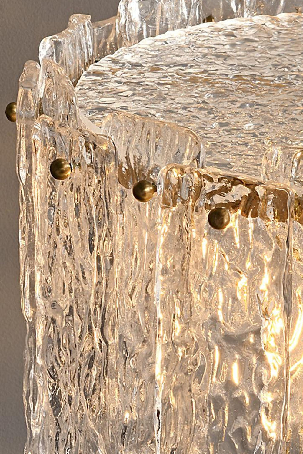 Solene Stacked Glass Table Lamp | Textured Glass and Brass | Macro detail showing the suspended clear textured glass pieces | vexa lamps