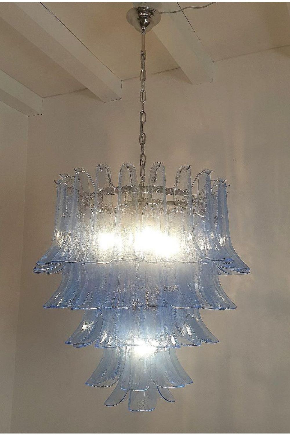 Vintage 1980s Blue Art Glass Petal Chandelier - view 3 | vexalamps