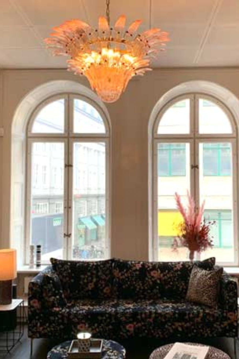 Vintage Art Pink Palm Leaf Glass Chandelier - view 3 | vexalamps