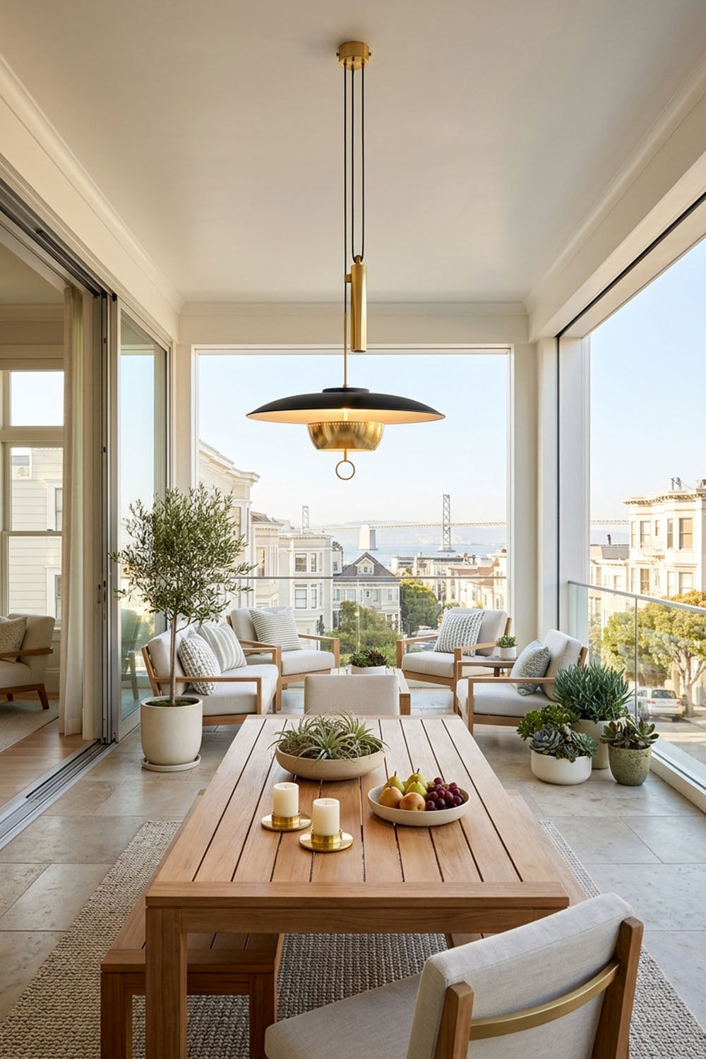 Adelaide Saucer Brass Pendant Light illuminating a modern dining area with glass walls and stylish furniture.