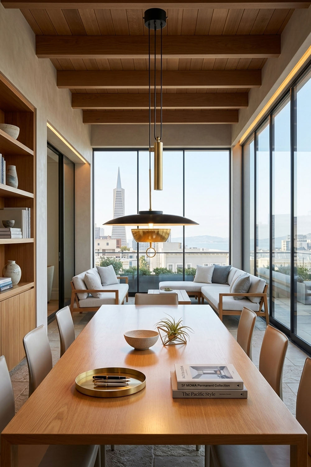 Adelaide Saucer Brass Pendant Light illuminating a modern dining area with large windows and a city view.
