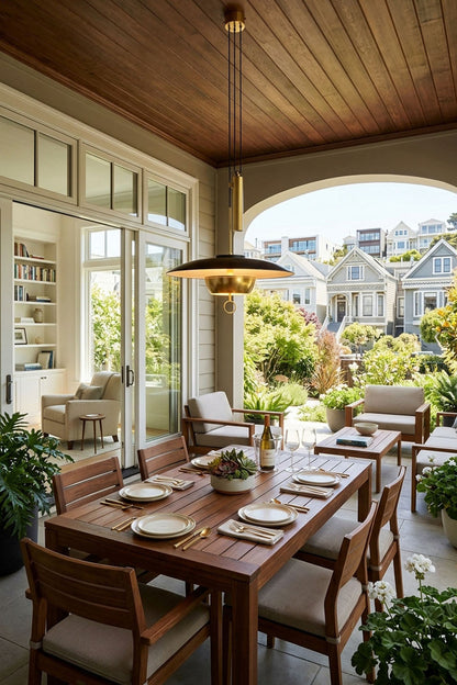 Adelaide Saucer Brass Pendant Light hangs over a stylish dining table in an elegant outdoor space surrounded by greenery.