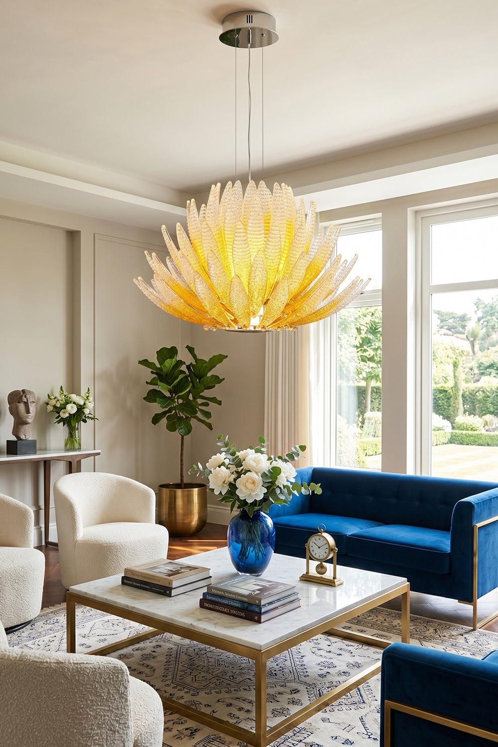 Helios Agave Glass Starburst Chandelier | Glass, Metal | Hanging in a luxurious, sunlit living room with a vibrant blue velvet sofa and marble coffee table | vexa lamps