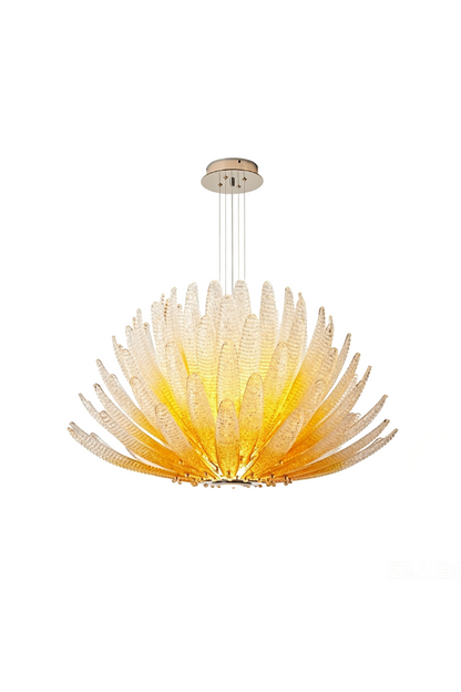 Helios Agave Glass Starburst Chandelier | Glass, Metal | Multi-layered agave-shaped clear and amber textured glass chandelier with a warm internal glow | Isolated lit product shot on white background | vexa lamps