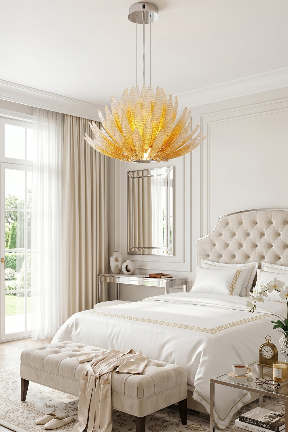 Helios Agave Glass Starburst Chandelier | Glass, Metal | Closer perspective of the blooming glass chandelier illuminating a serene bedroom setting | vexa lamps