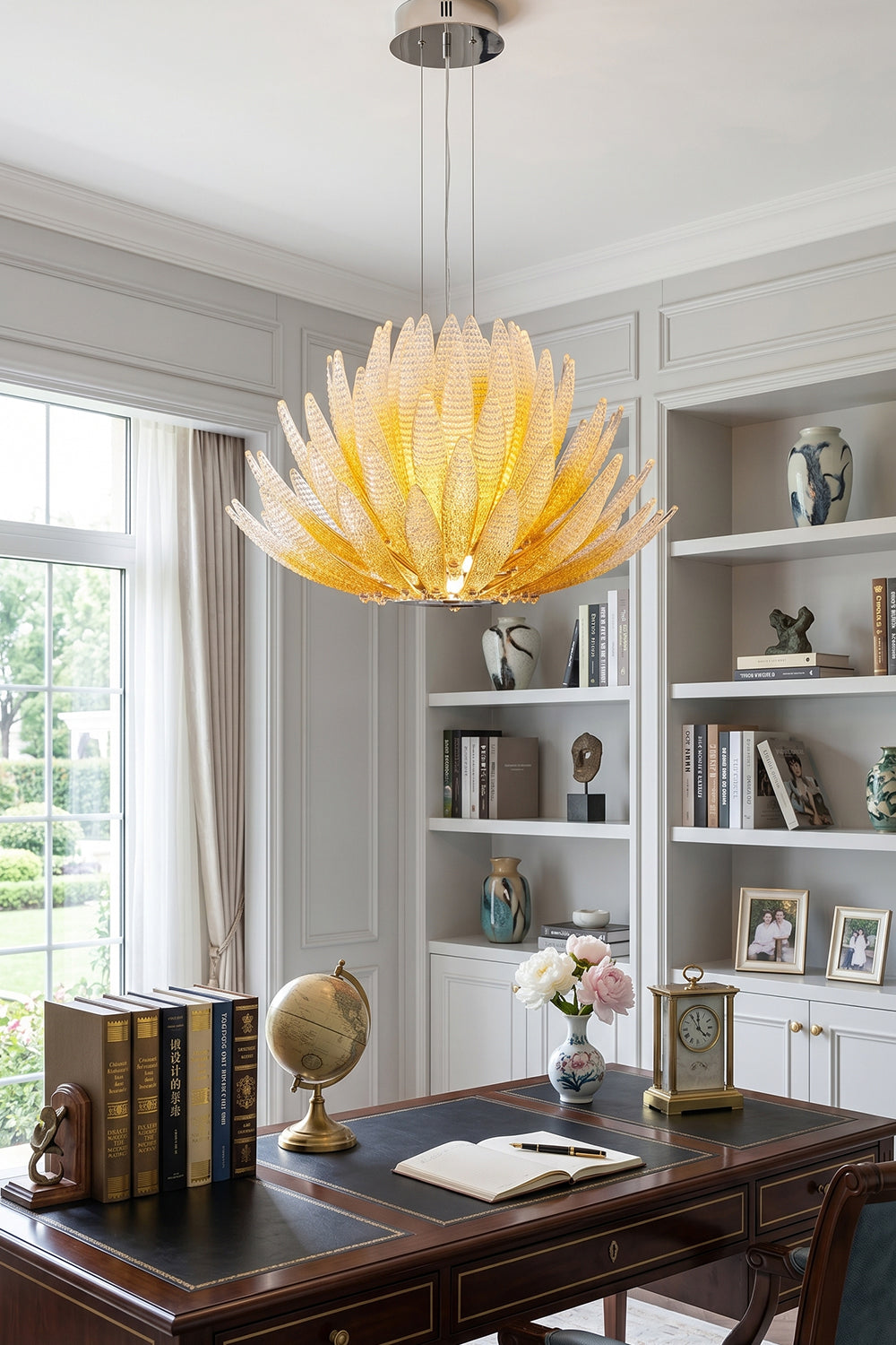 Helios Agave Glass Starburst Chandelier | Glass, Metal | Providing a warm ambient glow over a dark executive wood desk in a home office | vexa lamps