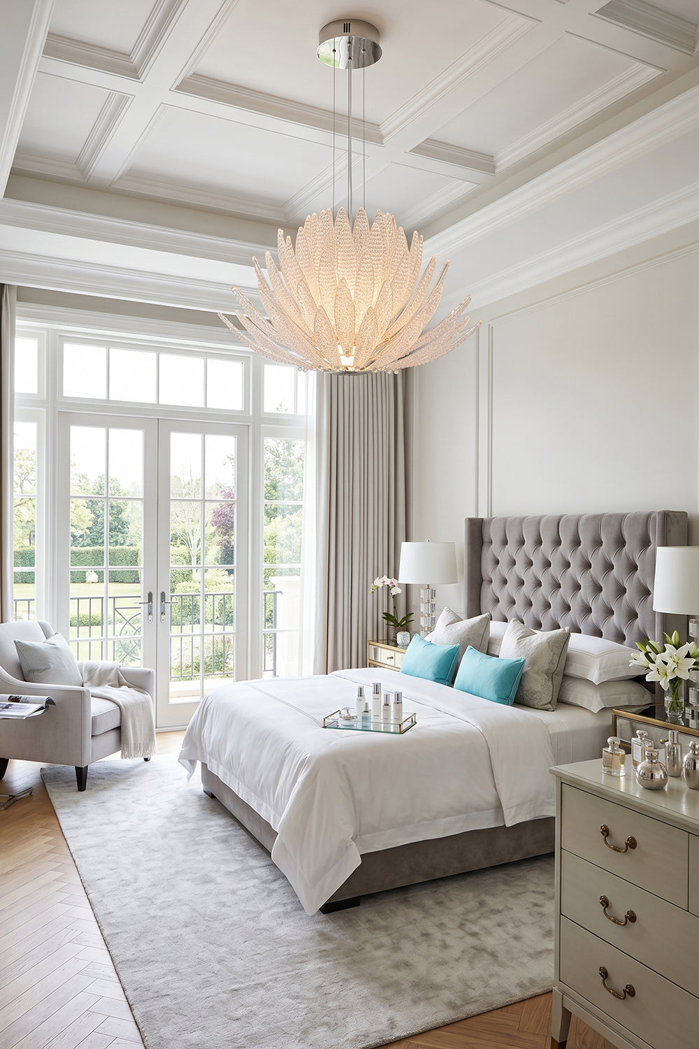 Helios Agave Glass Starburst Chandelier | Glass, Metal | Positioned as statement central lighting in a large, light-filled bedroom with a tufted bed | vexa lamps