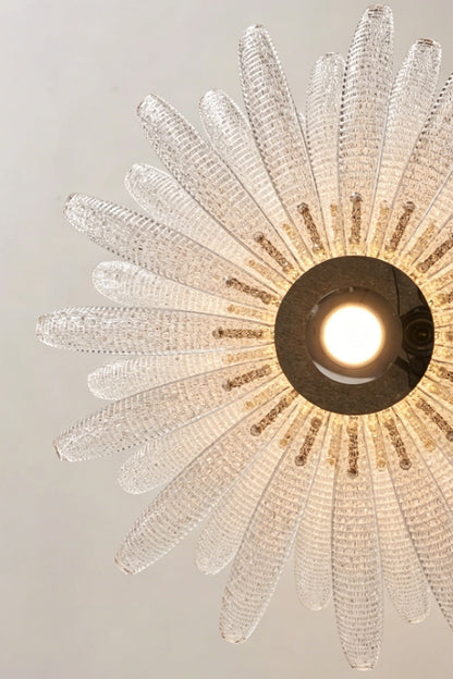 Helios Agave Glass Starburst Chandelier | Glass, Metal | Looking directly up at the unlit chandelier, displaying the radial pattern of the clear textured glass pieces | Detail shot | vexa lamps