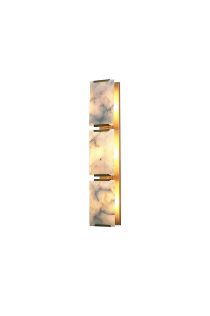Lit 3-panel rectangular alabaster wall lamp with brass accents | Brass, Alabaster | Front view isolated on white background | vexa lamps