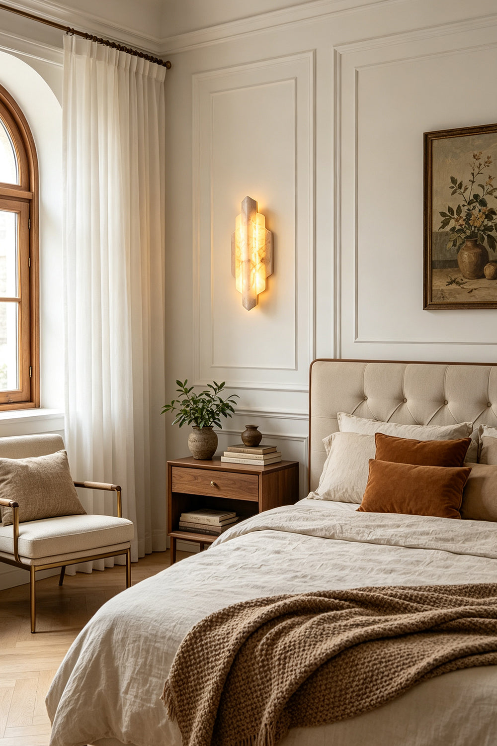 Alaric Tiered Alabaster Wall Sconce | Natural Alabaster and Metal | Mounted on a wall next to a cozy bed with brown linens and a wooden nightstand in a warm bedroom | vexa lamps