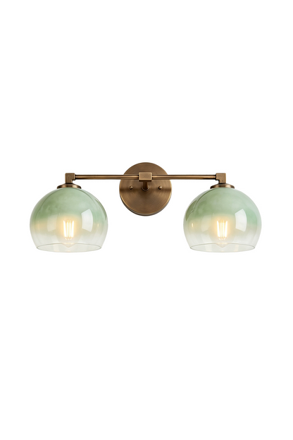 Alba Ombre Glass Wall Sconce with hand-blown green and clear glass globes and slim iron bar.