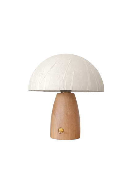 Alice Mushroom Table Lamp | Wood, Glass | Minimalist mushroom-shaped table lamp featuring a textured white dome lampshade and a tapered smooth natural wood base | Isolated lit product shot on white background | vexa lamps