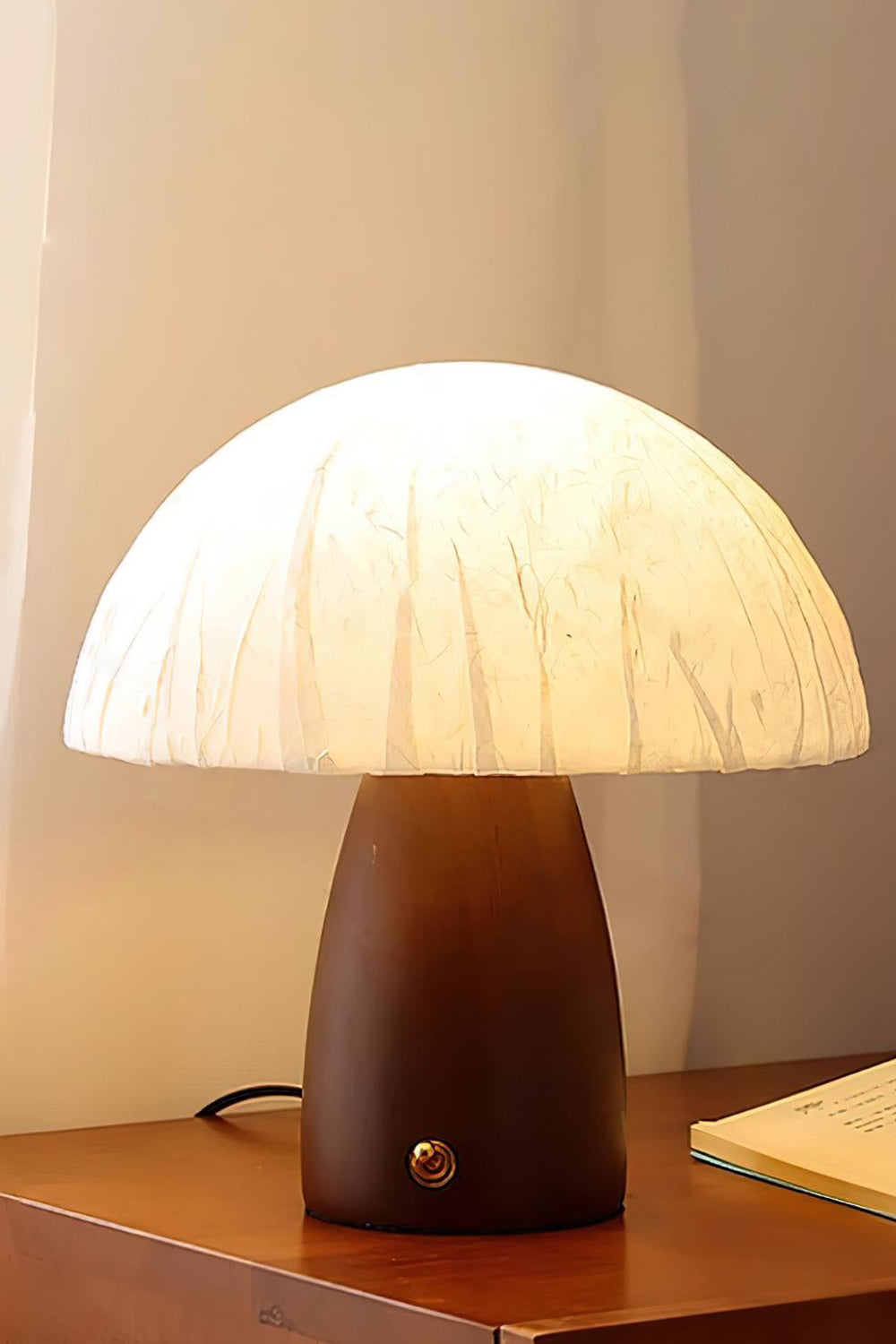 Alice Mushroom Table Lamp | Wood, Glass | An alternate variant featuring a rich dark walnut wood base fully lit, emitting a warm comforting glow | vexa lamps