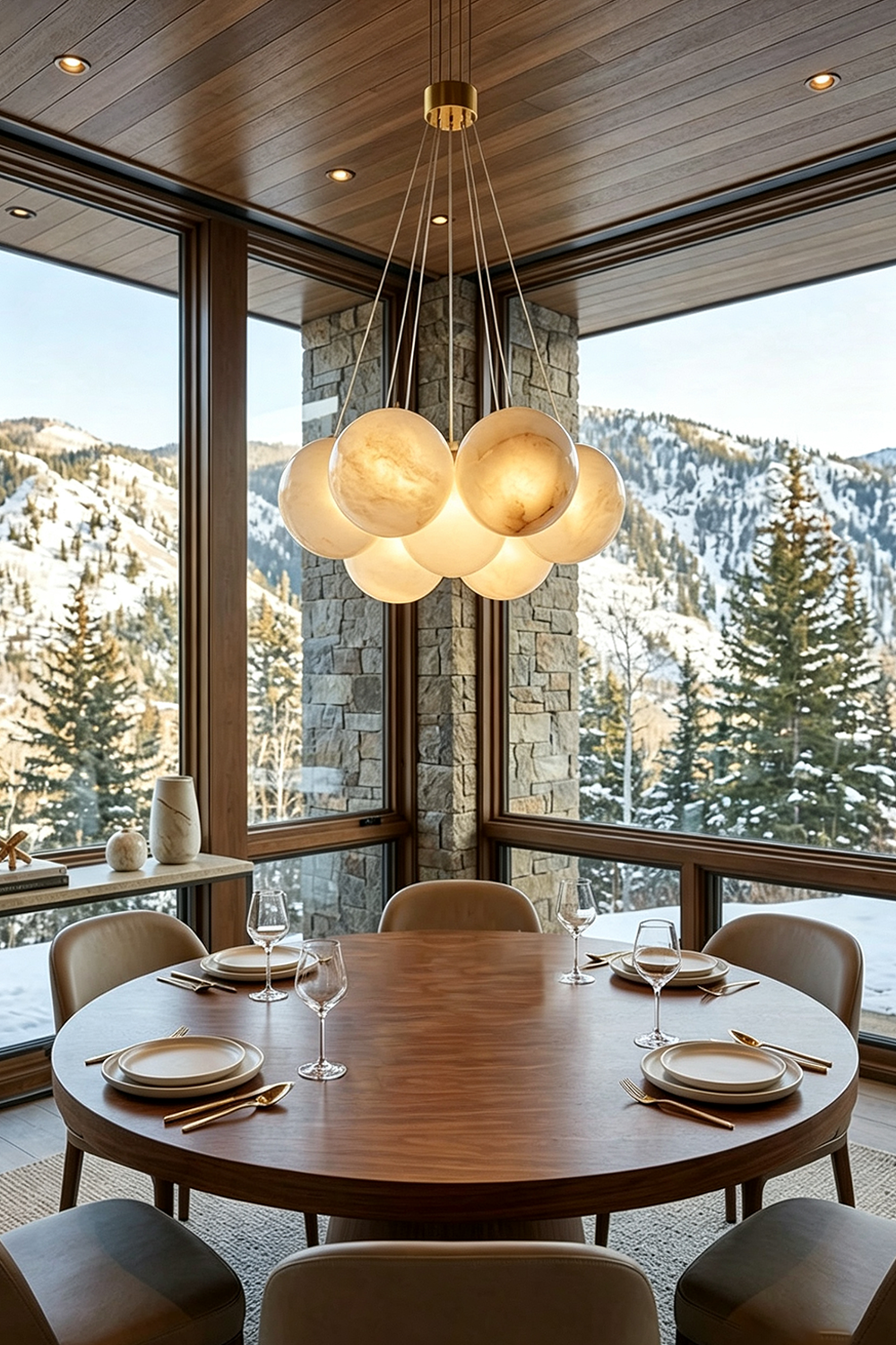 Amandine Alabaster Globe Cluster Pendant Light illuminating a stylish dining room with mountain views.