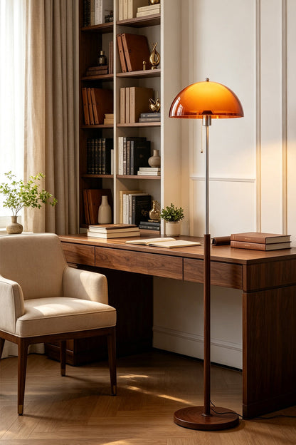 Ambrose Amber Dome Floor Lamp | Amber Glass, Metal and Wood | Positioned beside a wooden desk in a home office library | vexa lamps