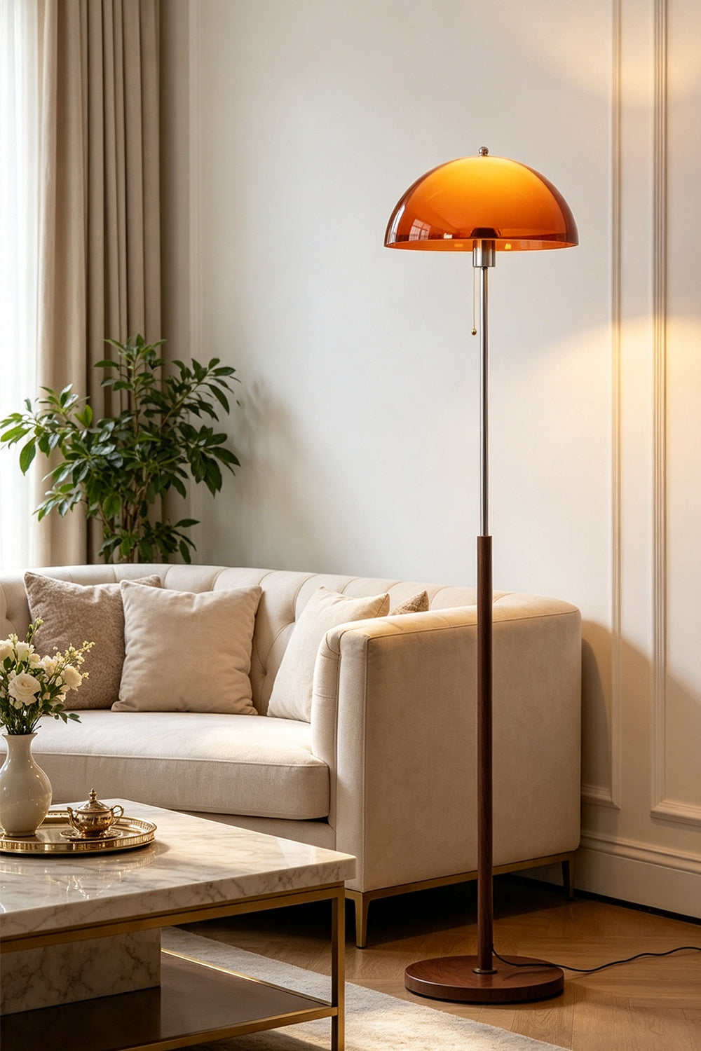 Ambrose Amber Dome Floor Lamp | Amber Glass, Metal and Wood | Illuminating a modern living room next to a beige sofa | vexa lamps