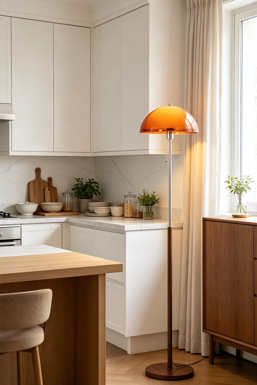 Ambrose Amber Dome Floor Lamp | Amber Glass, Metal and Wood | Placed in a bright kitchen dining area near wooden cabinets | vexa lamps