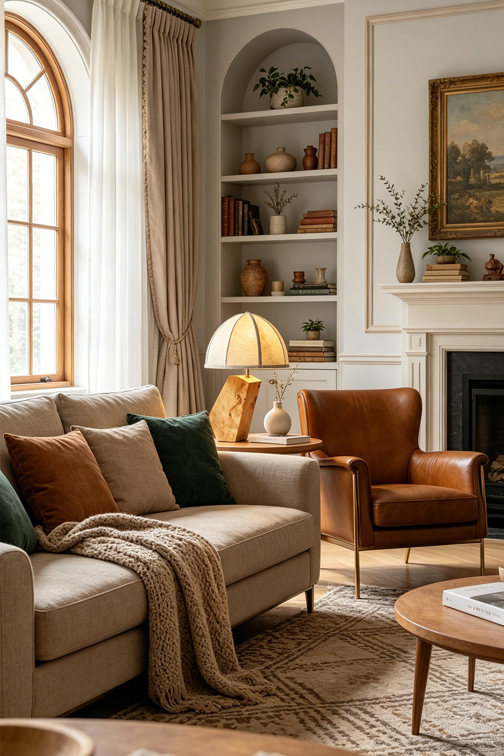 Angolo Canted Faceted Wood Table Lamp | Wood, Fabric, Metal | Illuminating a cozy living room space with a comfortable fabric sofa and a leather armchair | vexa lamps