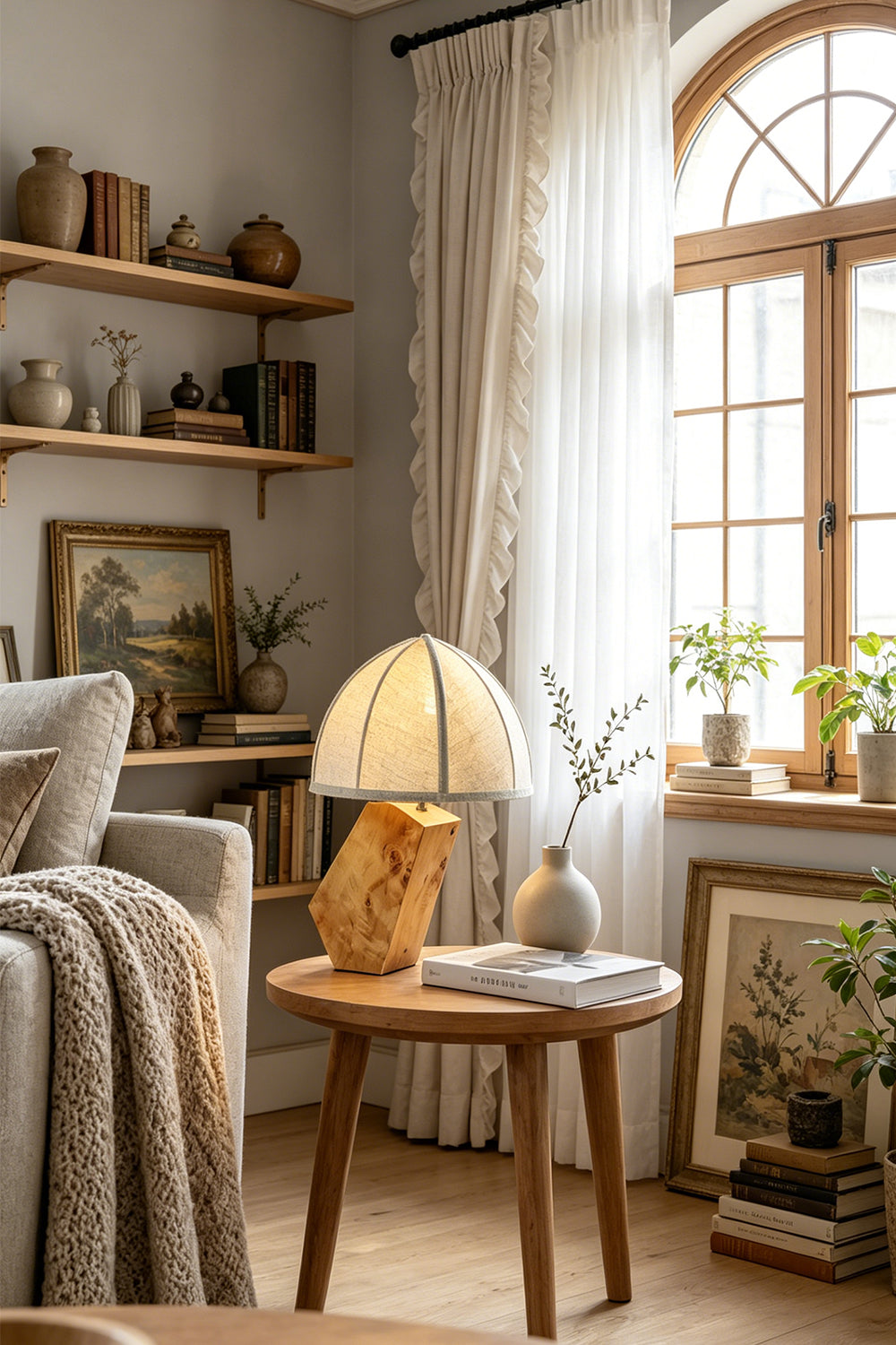 Angolo Canted Faceted Wood Table Lamp | Wood, Fabric, Metal | Placed on a wooden stool in a relaxed room corner with open wall shelving and a window | vexa lamps