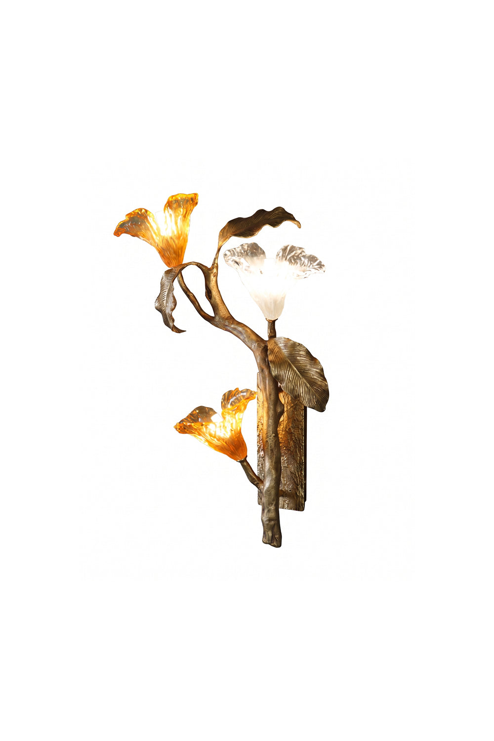 Arboreal Bloom Brass Wall Lamp | Brass, Glass | Sculptural branch design with multiple glowing floral glass shades | Isolated lit product shot on white background | vexa lamps