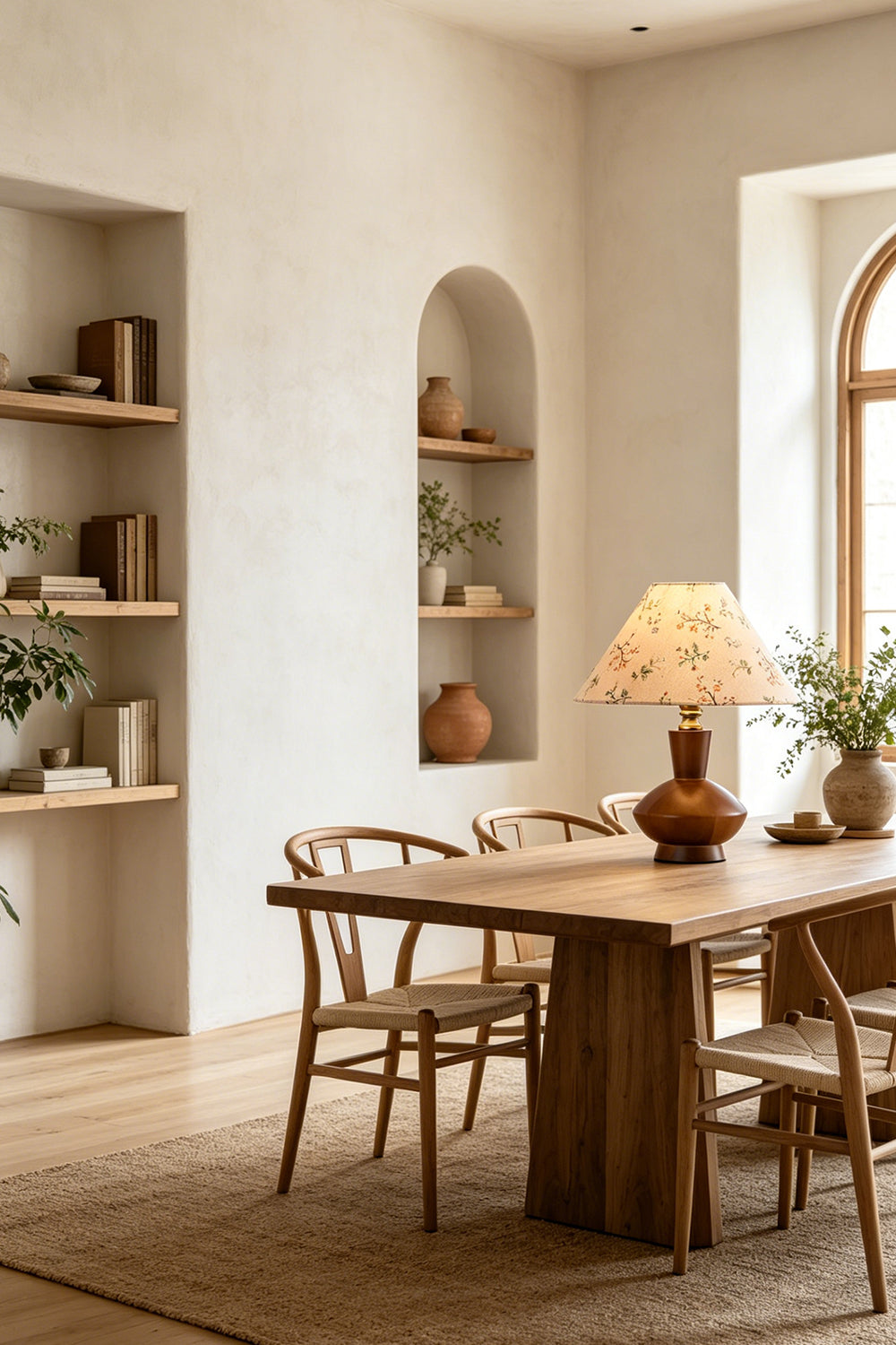 Arboreal Canopy Walnut Table Lamp illuminating a modern dining room with wooden furniture and a light-colored ambiance.