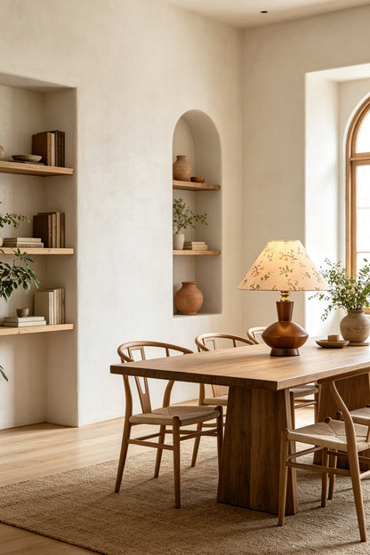 Arboreal Canopy Walnut Table Lamp illuminating a modern dining room with wooden furniture and a light-colored ambiance.