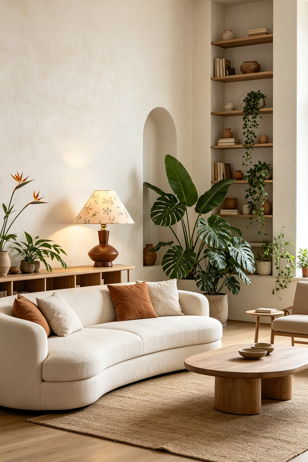 Arboreal Canopy Walnut Table Lamp illuminating a cozy living room with plants and a modern sofa.