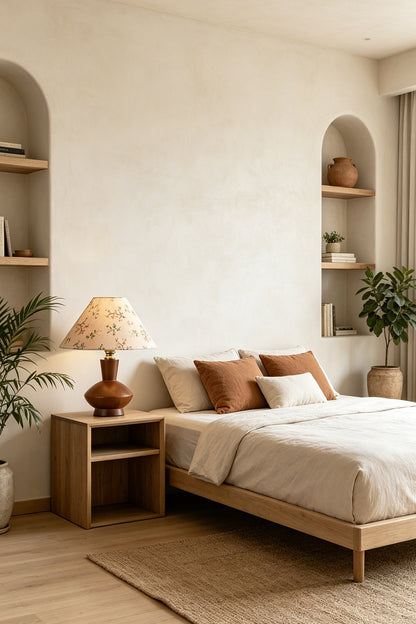Arboreal Canopy Walnut Table Lamp illuminating a cozy bedroom with a warm color scheme and elegant decor.