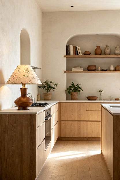 Arboreal Canopy Walnut Table Lamp in a modern kitchen with wooden cabinetry and tasteful decor.