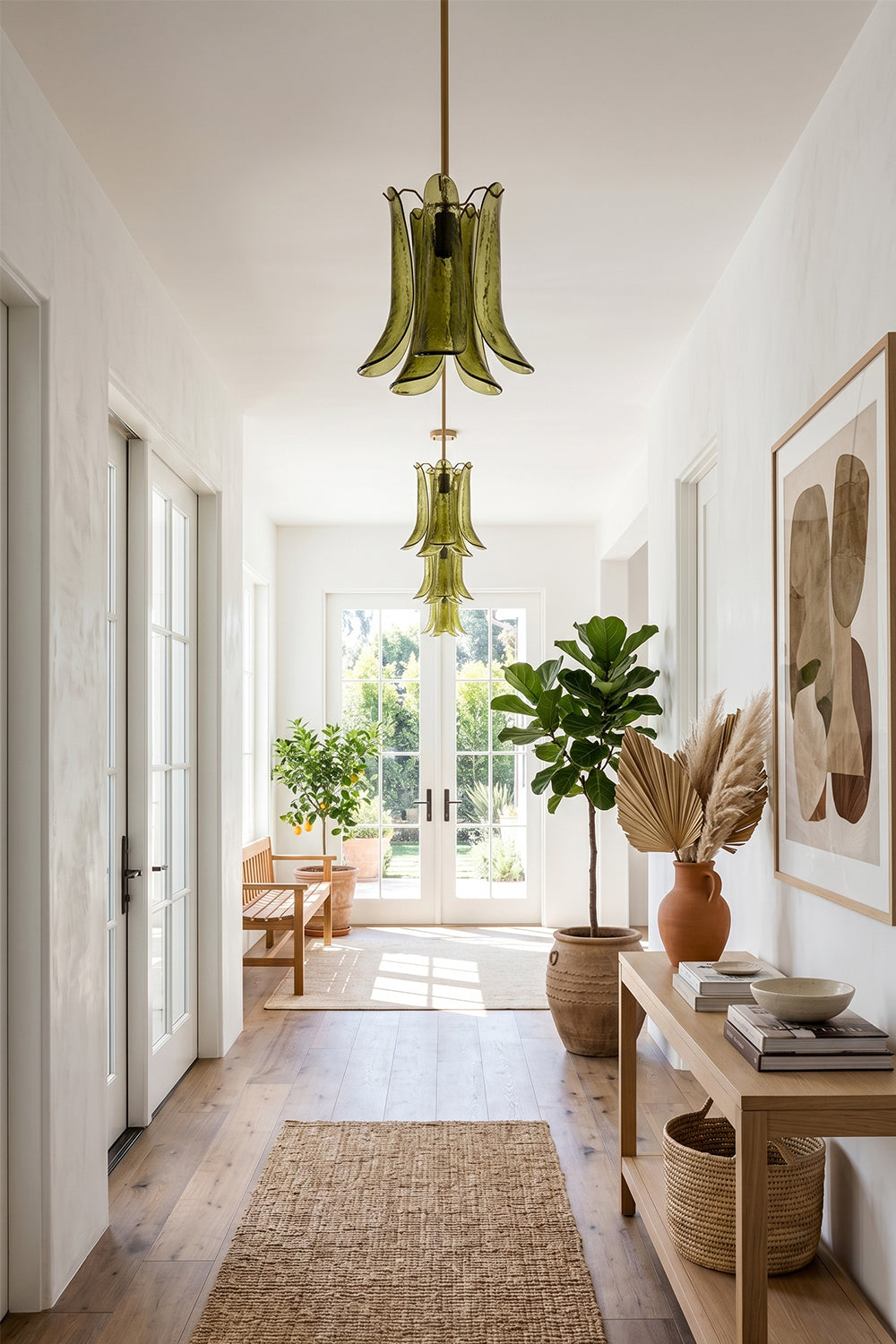 Arboreal Petal Glass Pendant Lamp illuminating a modern hallway with greenery and natural decor elements.