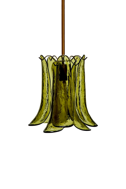 Arboreal Petal Glass Pendant Lamp with cascading green glass panels and brass fixture for elegant interiors.
