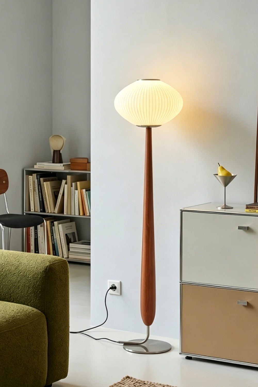 Arden Walnut Floor Lamp | Wood, Metal, Fabric | Casting a welcoming golden glow in a contemporary residential living space corner next to a modern credenza cabinet | vexa lamps