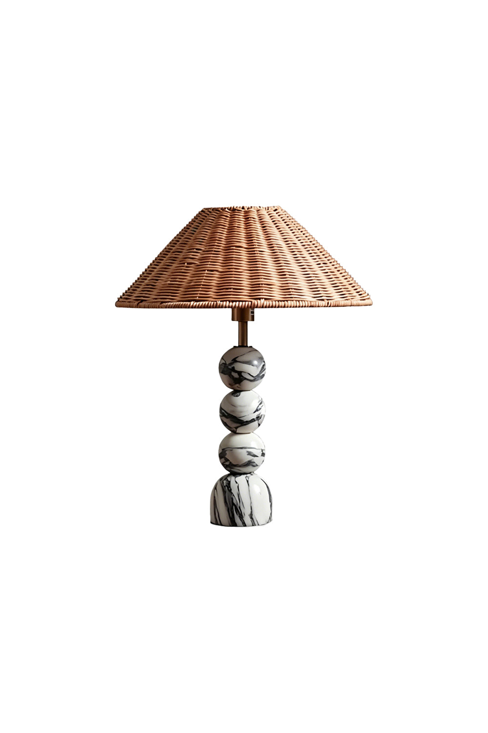 Aria Rattan & Stacked Marble Table Lamp featuring a woven rattan shade and a stacked marble base with charcoal veining.