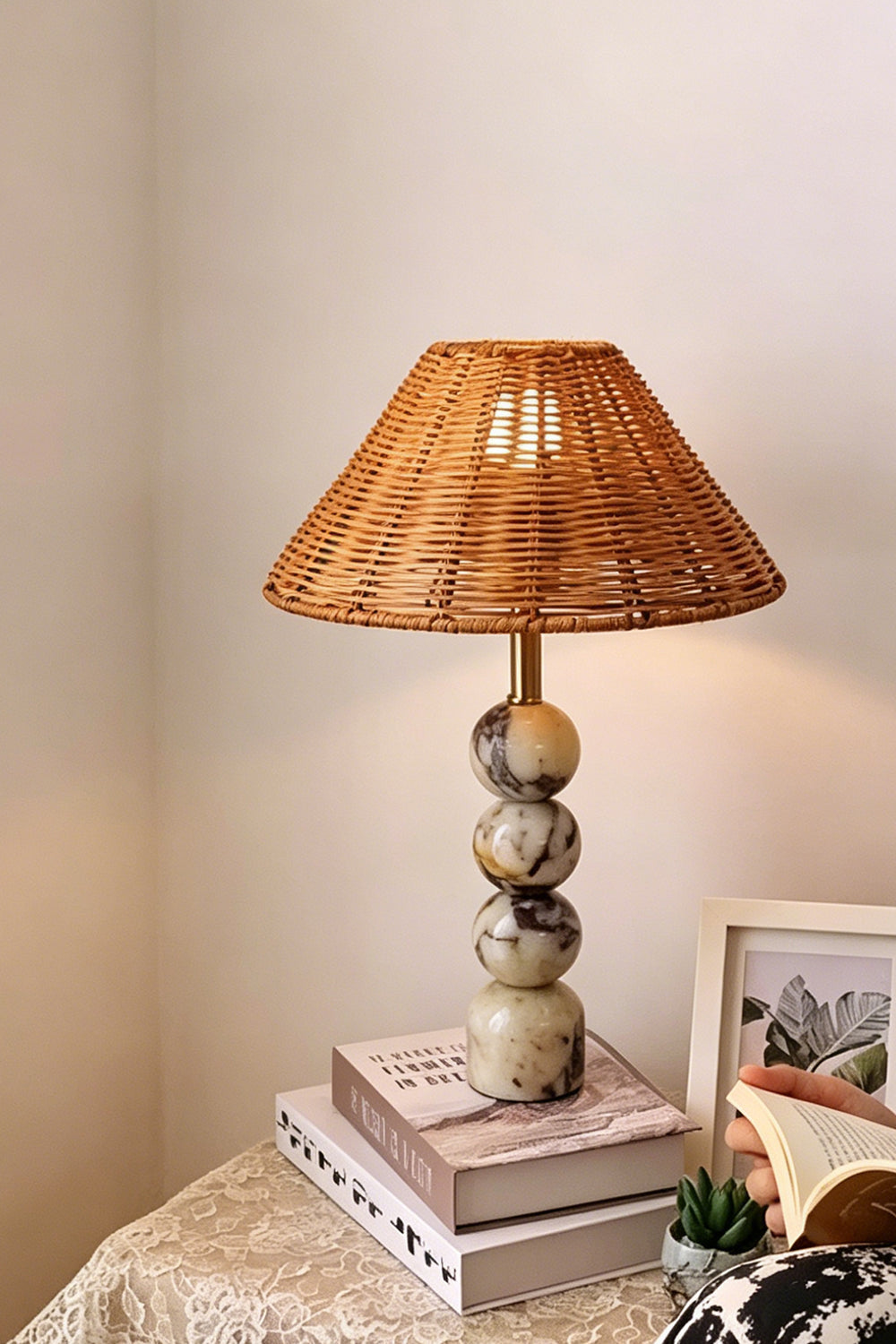 Aria Rattan & Stacked Marble Table Lamp showcasing a natural marble base and woven rattan shade, perfect for coastal decor.