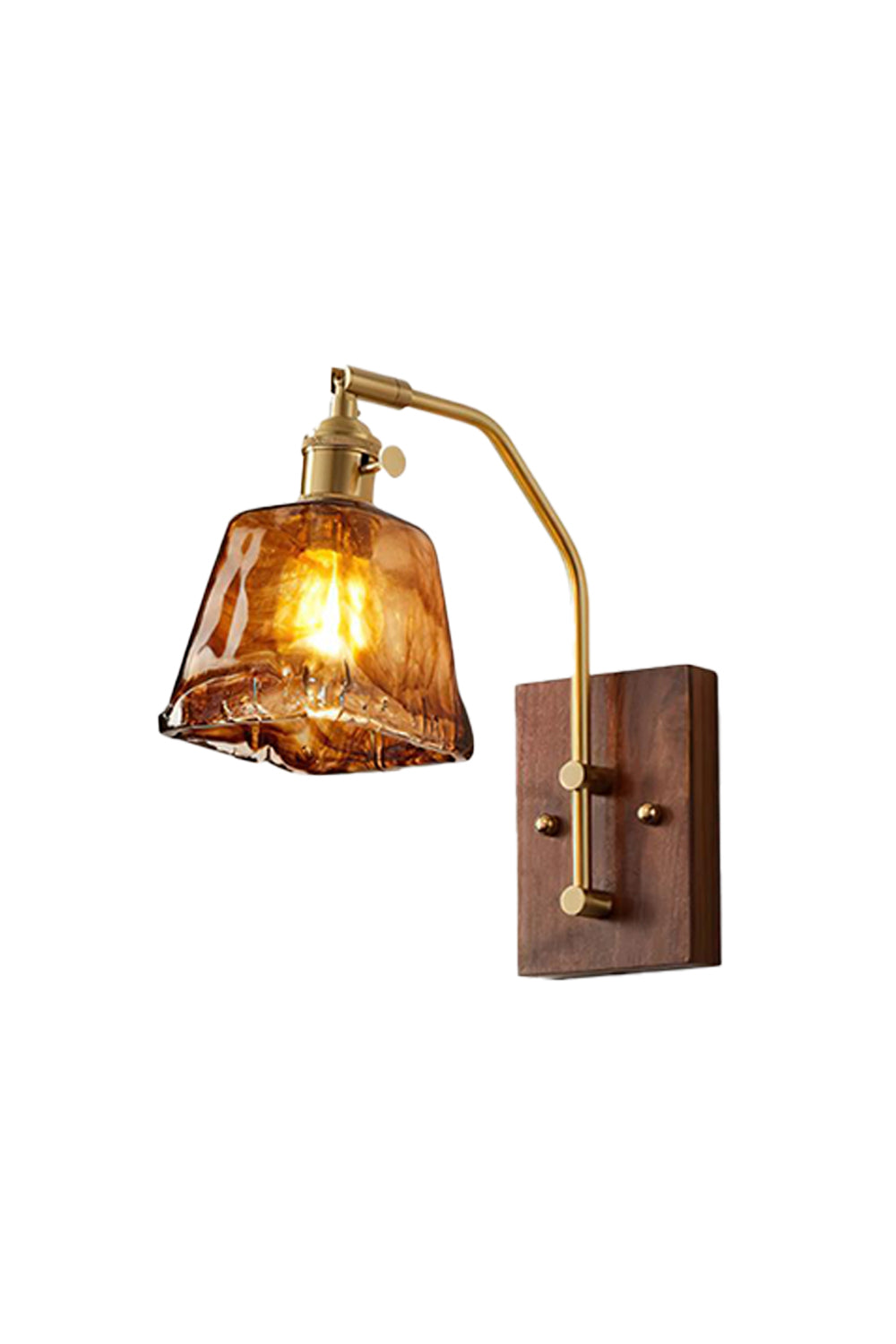 Arlo Amber Ripple Wall Lamp | Glass, Metal, Wood | Mid-century modern wall sconce featuring a textured amber rippled glass shade, a curved brass arm, and a rectangular dark wood backplate | Isolated lit product shot on white background | vexa lamps