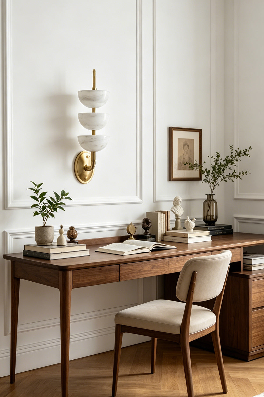 Ascendant Wall Lamp in home office | Alabaster, Brass | Above wooden desk in classic study room | vexa lamps