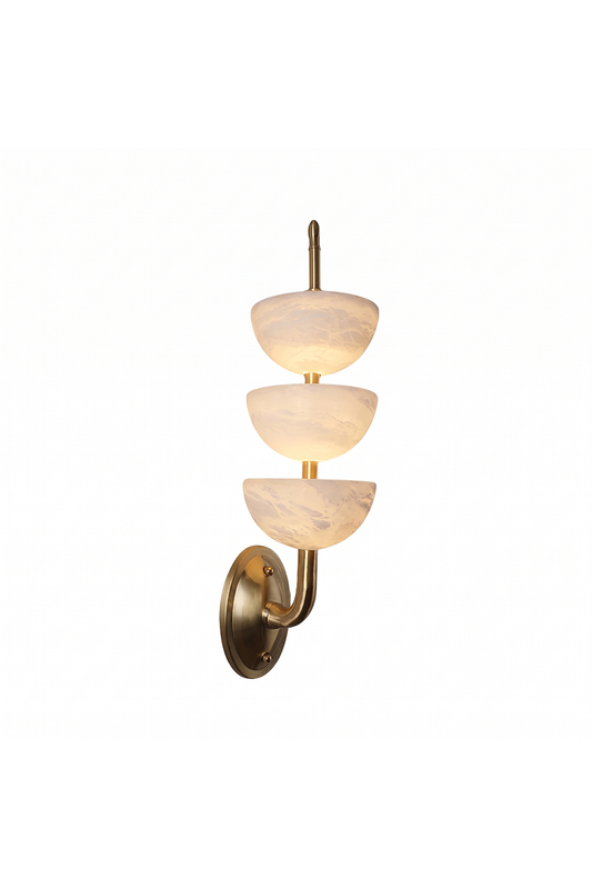 Ascendant Alabaster & Brass Wall Lamp | Alabaster, Brass | Three-tier bowl design | Isolated lit product shot | vexa lamps