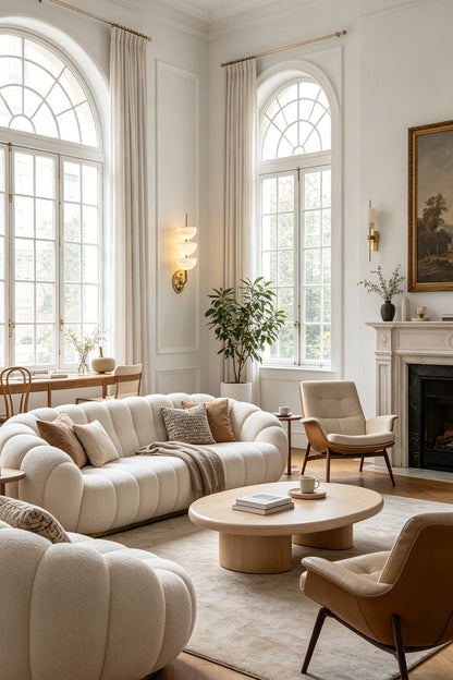 Ascendant Wall Lamp living room scene | Alabaster, Brass | Ambient lighting in airy, sunlit lounge | vexa lamps