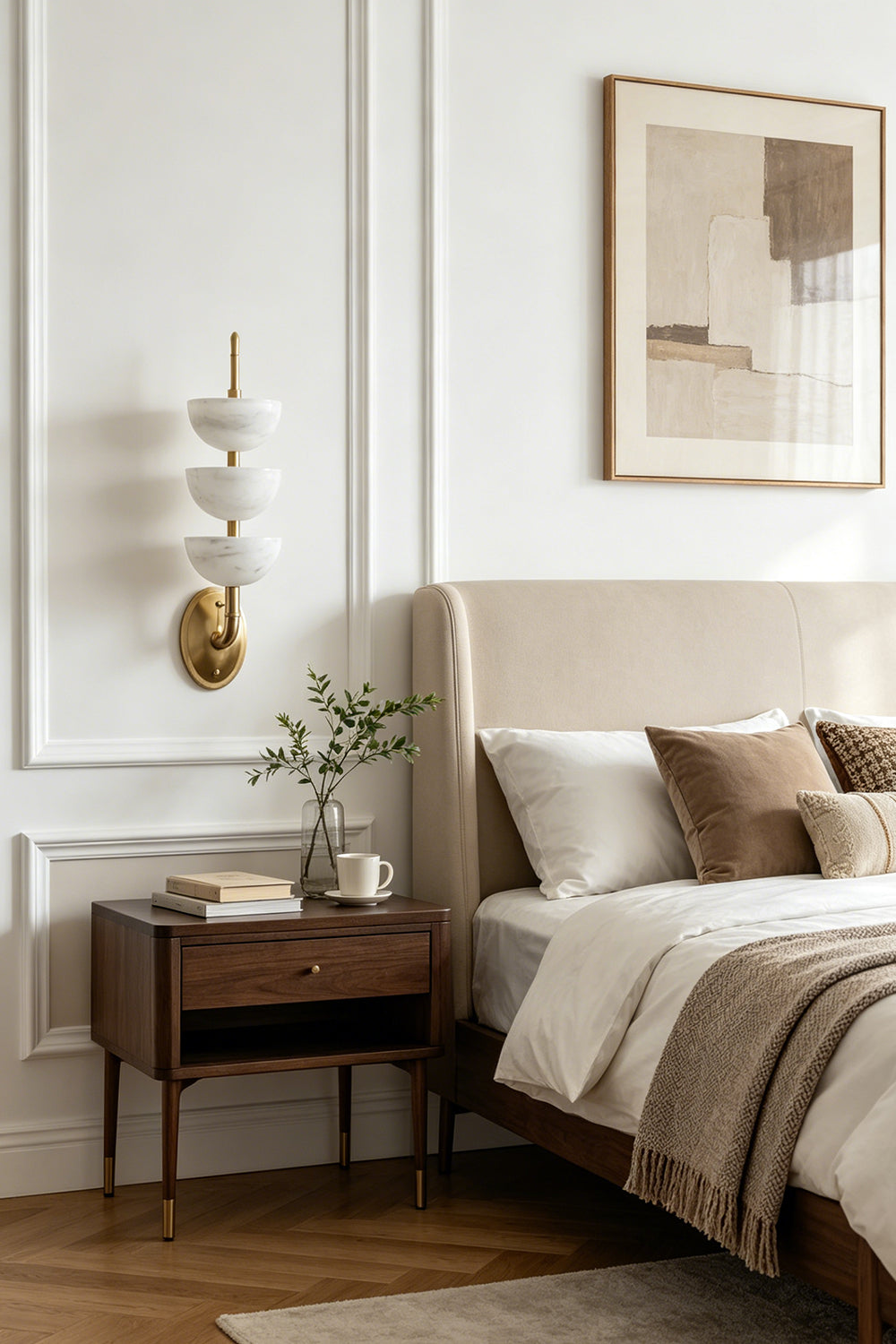 Ascendant Wall Lamp in bedroom | Alabaster, Brass | Bedside installation next to beige headboard | vexa lamps