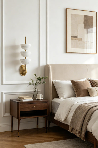 Ascendant Wall Lamp in bedroom | Alabaster, Brass | Bedside installation next to beige headboard | vexa lamps