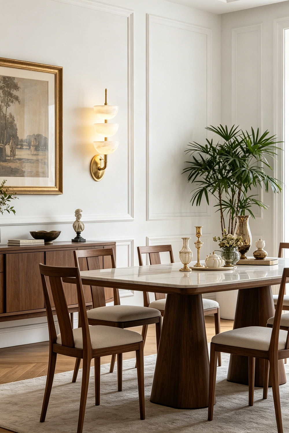 Ascendant Wall Lamp in dining room | Alabaster, Brass | Sophisticated dining area with marble table | vexa lamps