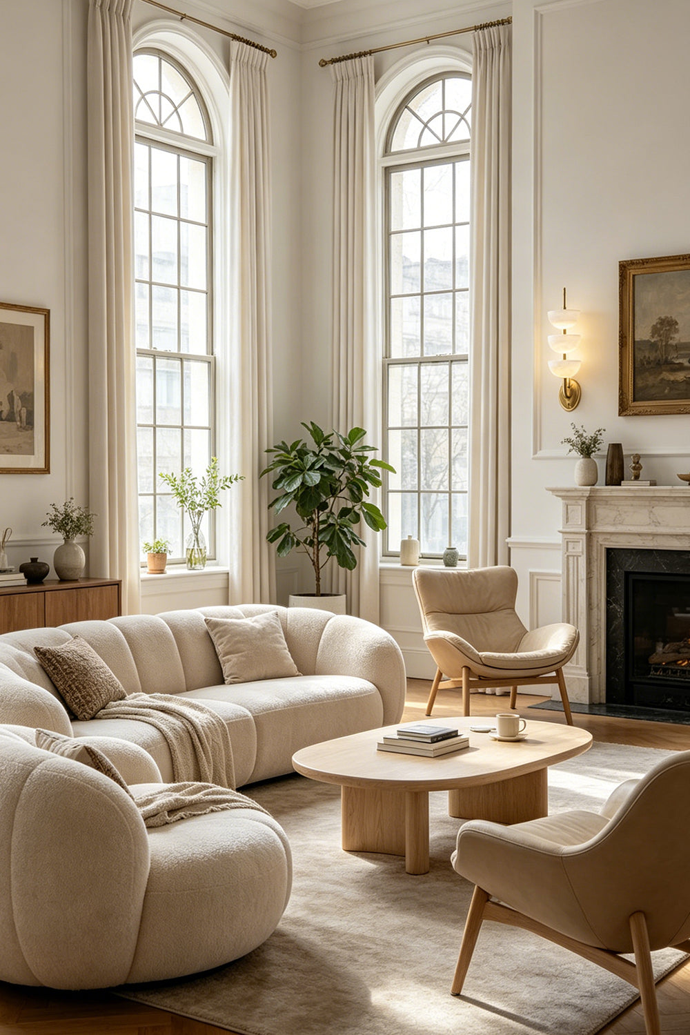 Ascendant Wall Lamp in living room | Alabaster, Brass | Bright interior with curved sofa and fireplace | vexa lamps
