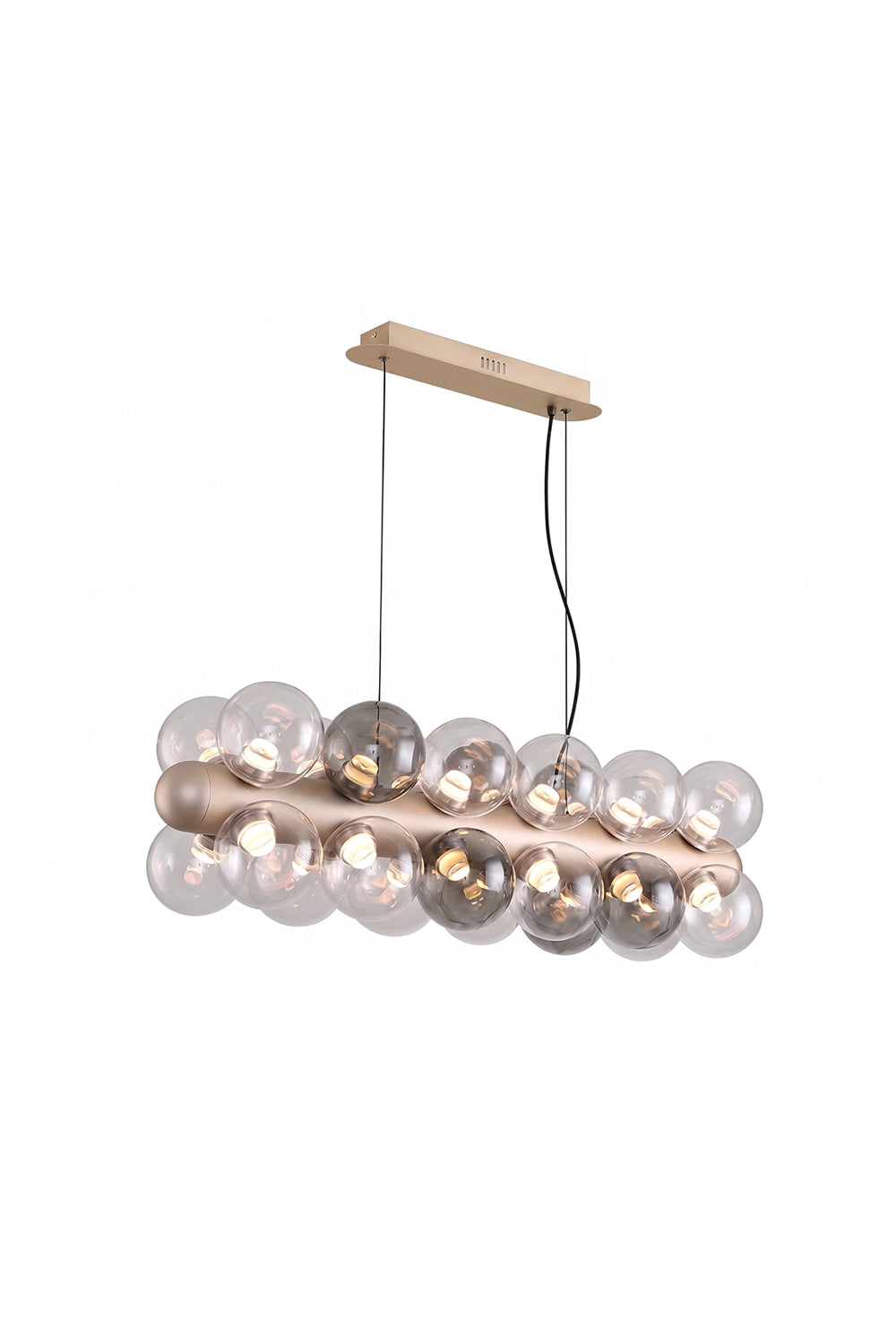 Astraea Linear Prismatic Globe Chandelier featuring hand-blown glass spheres and a brushed champagne-gold finish.