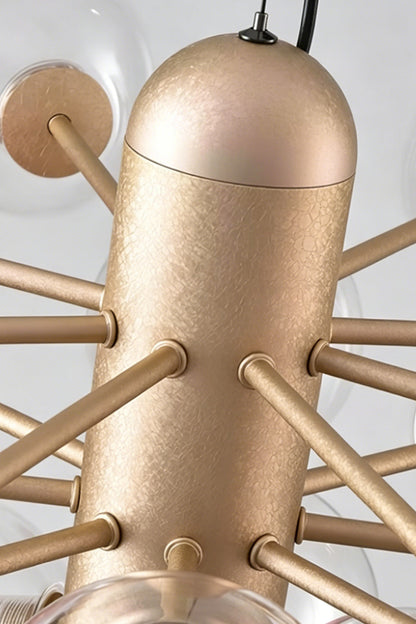 Astraea Prismatic Globe Chandelier | Glass, Metal | Macro close-up view focusing on the brushed matte texture of the champagne gold metallic core cylinder and frame spokes | Detail shot | vexa lamps