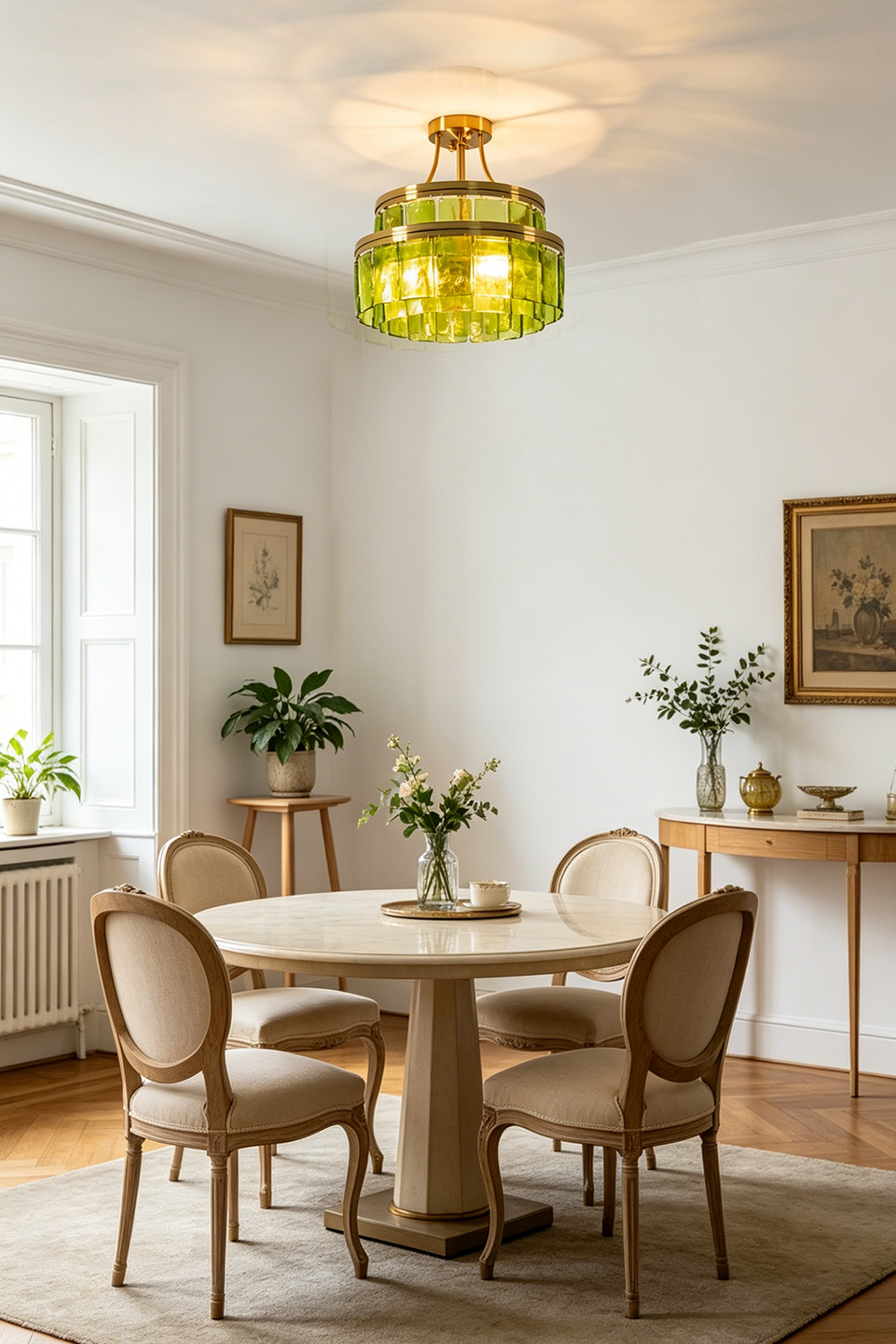 Aura Verdant Tiered Green Glass Ceiling Light | Metal, Glass | Hanging over a round wooden dining table and matching chairs in a brightly lit neutral room | vexa lamps