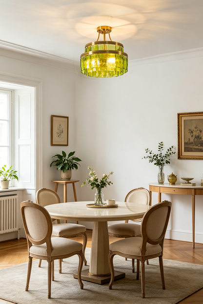 Aura Verdant Tiered Green Glass Ceiling Light | Metal, Glass | Hanging over a round wooden dining table and matching chairs in a brightly lit neutral room | vexa lamps