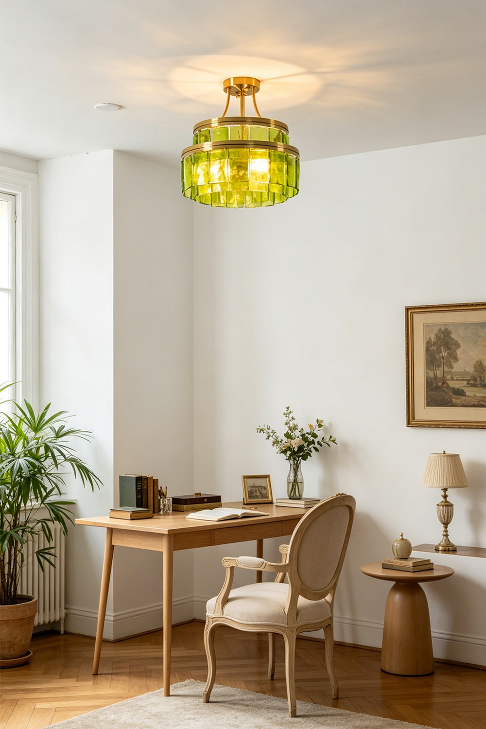 Aura Verdant Tiered Green Glass Ceiling Light | Metal, Glass | Wall-adjacent ceiling mount lighting up a classic home office with a wooden desk and elegant chair | vexa lamps Aura Verdant